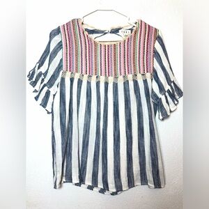THML Navy & White Striped blouse with Pink Embroidered Yoke